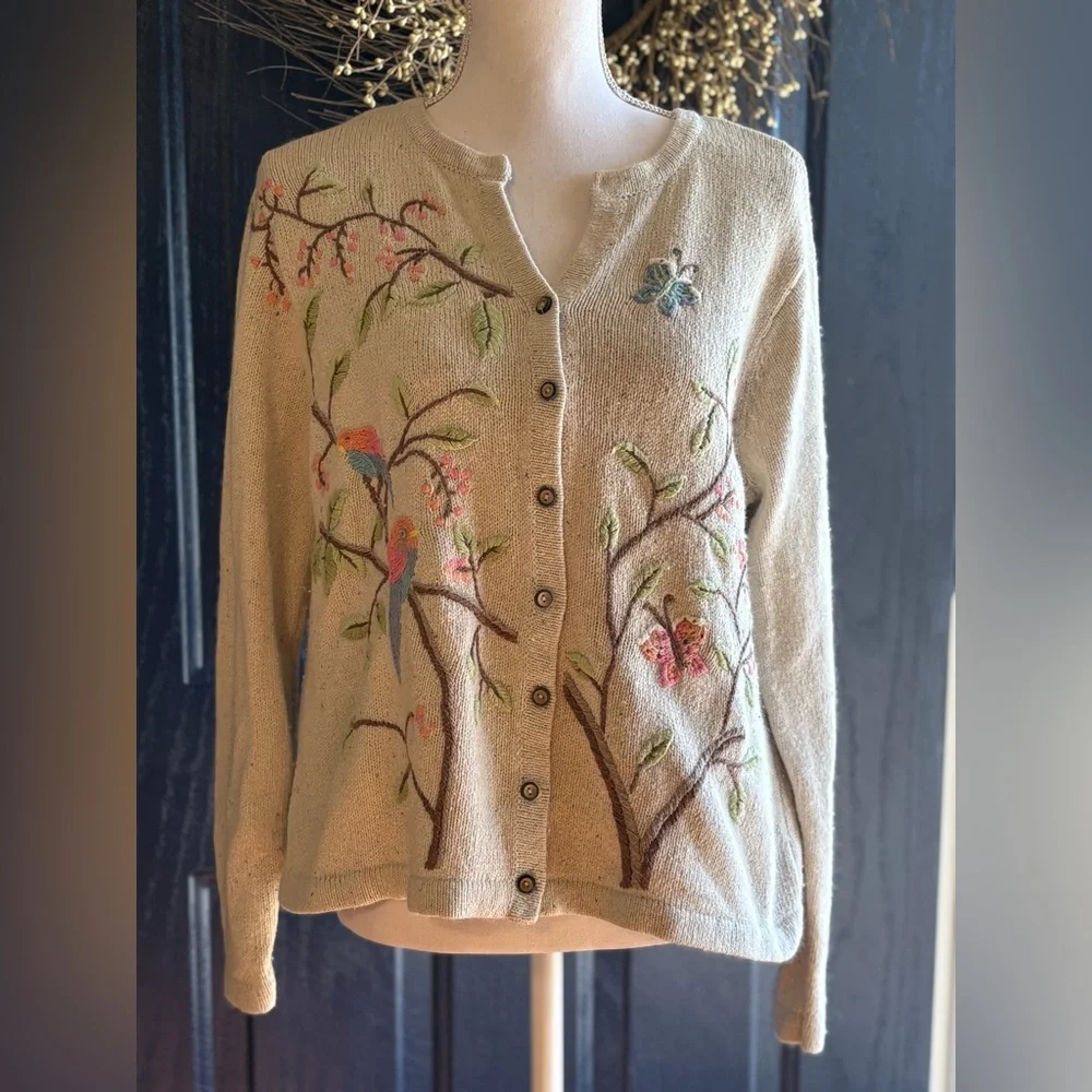Vintage Silk Blend cream button-up Cardigan w/ Embroidered Birds and Flowers L - Picture 1 of 15